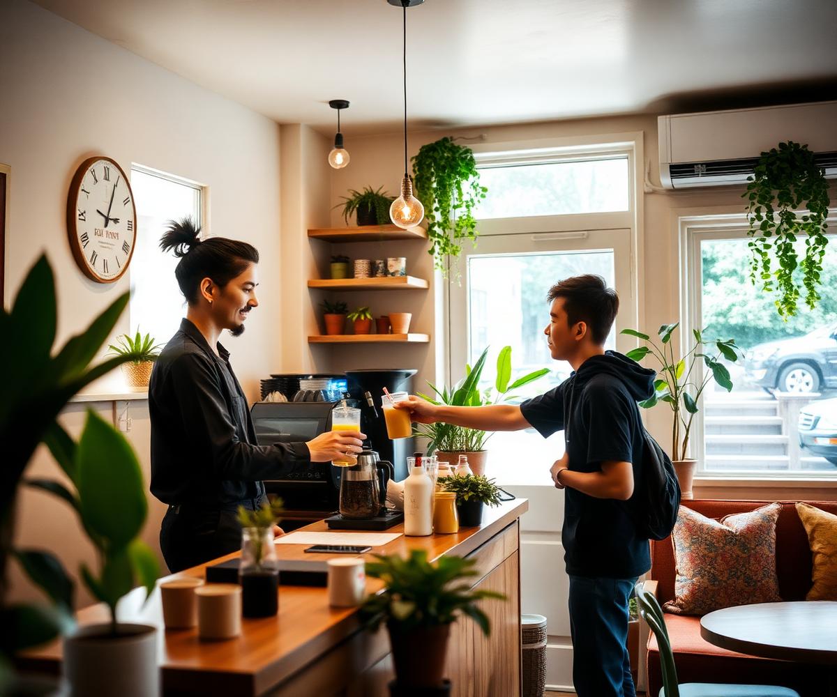 Barista handing a drink to a customer inside the Boba Korner café in Fontana