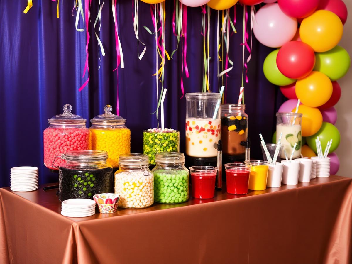 DIY boba bar catering setup with colorful toppings and milk teas at a Fontana party