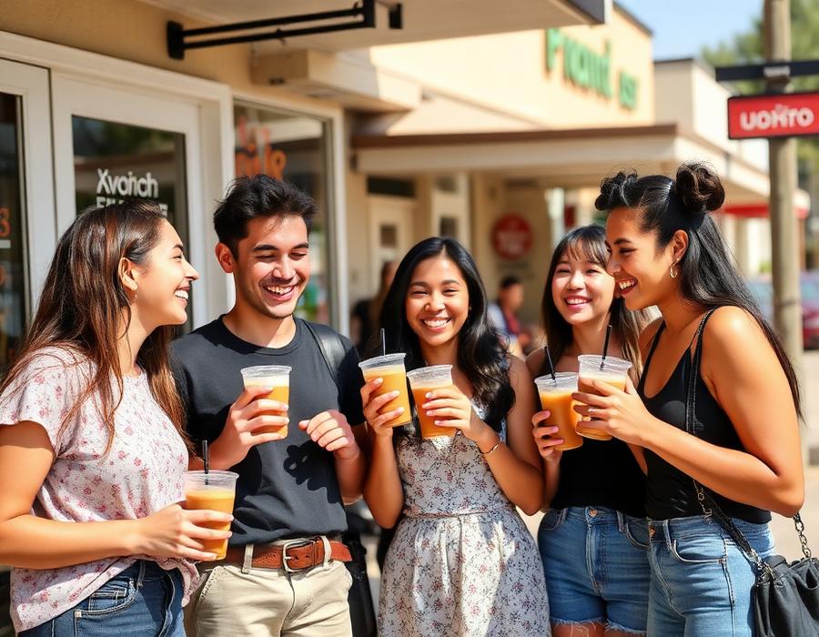 Friends holding boba drinks together in Downtown Fontana