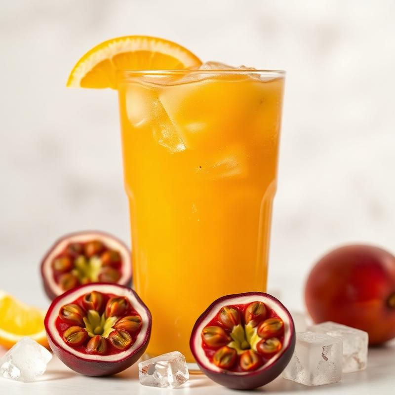 Mango passion fruit iced tea with passion fruit halves